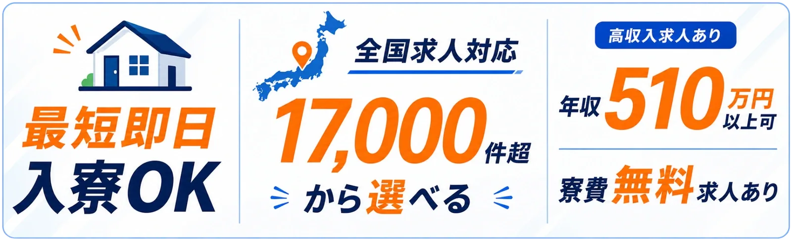 最短即日入寮OK・全国求人対応17,000件超から選べる・年収510万円以上可・高収入求人あり・寮費無料求人あり